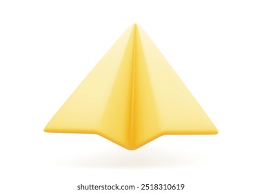 Avión de papel de dibujos animados 3D en color amarillo aislado sobre fondo blanco. Icono de Redes Sociales. Ilustración vectorial de Render 3d.