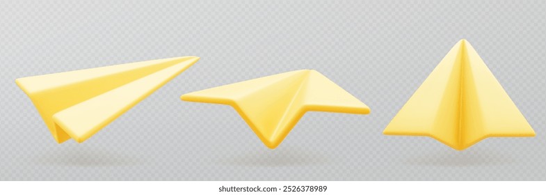 3D Cartoon Paper Plane in Yellow Color. Icon of Social Networks.Vector Illustration of 3d Render.