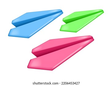 3D cartoon paper planes set. Realistic color paper planes. Vector illustration