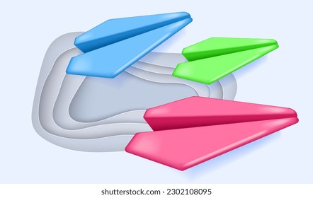 3D cartoon paper planes set. Realistic color plastic planes. Vector illustration