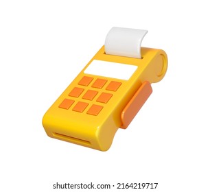 3D cartoon payment terminal. POS terminal with check. Financial transactions concept. Vector 3d illustration