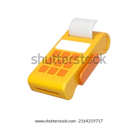 3D cartoon payment terminal. POS terminal with check. Financial transactions concept. Vector 3d illustration