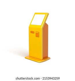 3D cartoon payment terminal. Promotional interactive information kiosk. Advertising display. Terminal stand. Touch screen display. Vector 3d illustration
