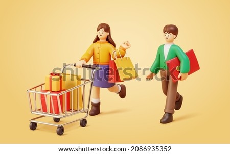 3d cartoon people characters design. Young couple shopping together and buying a lot of presents. Isolated light yellow background