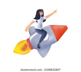 3D cartoon people moving top on rocket and crash set vector graphic illustration. 3D successful woman moving high isolated on white. 3D Business motivation, fail and startup development