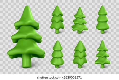 3D Cartoon Pine Tree Icons Set, Minimalist Evergreen Fir Shapes for Game Design, UI, or Holiday Decor. Bright Green Stylized Forest Elements. Vector Illustration.