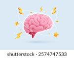 3D cartoon pink brain with lightning and bolts. Brainstorming, symbol of thinking, creativity, and mental energy. Brainstorm isolated vector illustration.