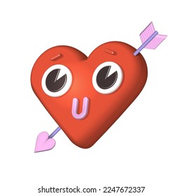 3d cartoon pink heart render icon with arrow. Heart shaped character with funny weird cartoon face. Valentine's Day decoration element. Vector isolated illustration.