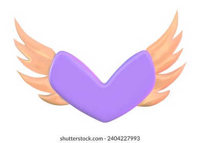 3d cartoon pink heart with wings for valentines day. Valentine's Day greeting card isolated element. Heart 3d shape romantic holiday. Vector illustration