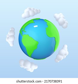 3D cartoon planet Earth with clouds. Environmental problems and environmental protection concept. Vector 3d illustration