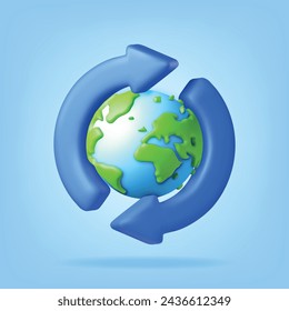 3D Cartoon Planet Earth with Cycle Arrows. Render World Map Silhouette. Planet Icon. Transportation and Travel, Connection. Earth Day, Green Planet, Environment Conservation. Vector Illustration