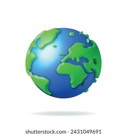 3D Cartoon Planet Earth Isolated on White. Render World Map Silhouette. Planet Icon. Cartography and Geography. Earth Day, Save Green Planet, Environment Conservation Concept. Vector Illustration