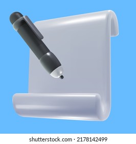 3d cartoon plastic glossy blank paper scroll with pen isolated on blue background. Realistic cute vector illustration. Minimalistic stylised element. Concept design for business, game project.