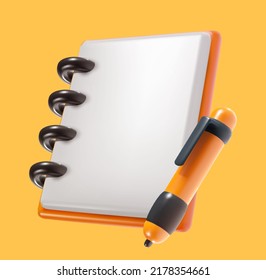 3d cartoon plastic glossy paper notebook and pen isolated on yellow background. Realistic cute vector illustration. Minimalistic stylised element. Concept design for business, game project.
