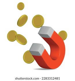 3D Cartoon Poster - Start Earn Money Motivation. Realistic 3D design of Huge Magnet Attracting Gold Coins or Money in Trendy colors. Vector illustration in cartoon minimal style.