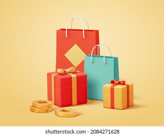 3d cartoon present pile with paper bags and gift boxes. Isolated on light yellow background, suitable for holiday celebration