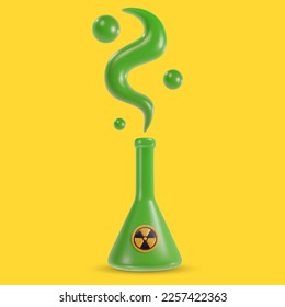 3d cartoon radioactive green test tube with nuclear label in realistic funny colorful style. Render bright toy object. Plastic cute glossy design element. Vector minimal medical illustration.