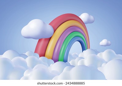 Dibujo animado 3d arco iris con nubes de fondo. Representar el arco iris mínimo en el elemento de arte de la nube. Juguete plástico de los niños. Decoración realista para niños. Ilustración vectorial.