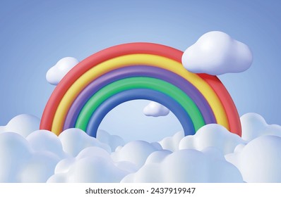 3d Cartoon Rainbow with Clouds Background. Render Minimal Rainbow in Cloud Art Element. Plastic Children Toy. Realistic Kids Decoration. Vector illustration.