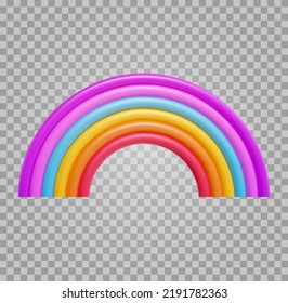 3d cartoon rainbow on transparent background. Minimal realistic design art element. Funny children toy. Glossy sweet decoration. Vector illustration.