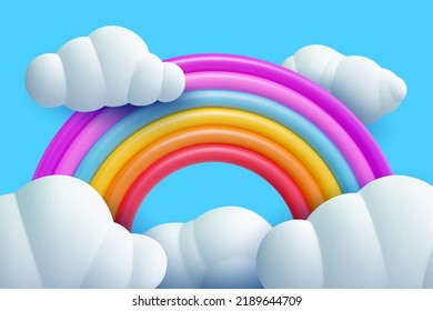 3d cartoon rainbow  with white clouds on blue background. Minimal realistic design art element. Funny children toy. Glossy sweet decoration. Vector illustration.