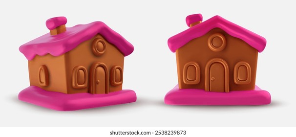 3d cartoon realistic chocolate gingerbread house with pink cream various view isolated on white background. Vector sweet dessert decoration in modern bright style.