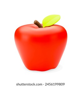 3d cartoon red apple with green leaf isolated on white background. Design element for food, fall, healthy diet, temptation, school or physics concepts. Vector illustration 3d render.