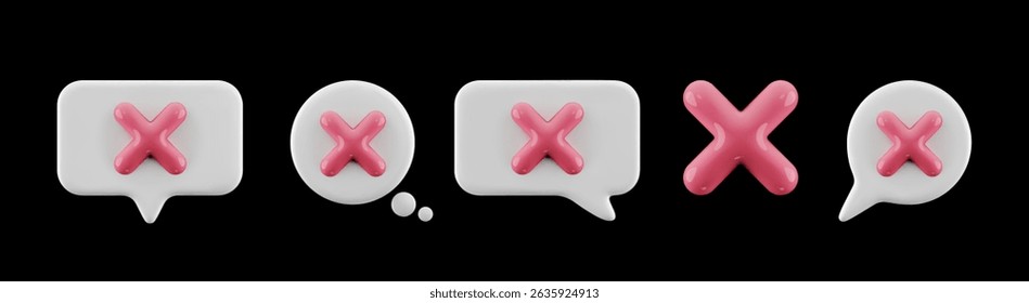 3D cartoon red cross notification icons. Speech bubbles with pink cross symbols. Vector set isolated on black background