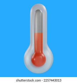 3d cartoon red medical or weather thermometer in realistic funny colorful style. Render bright children toy object. Plastic cute glossy design element. Vector minimal illustration.