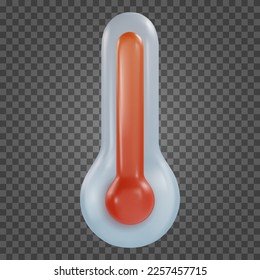 3d cartoon red medical or weather thermometer in realistic funny colorful style. Render bright children toy object. Plastic cute glossy design element. Vector minimal illustration.