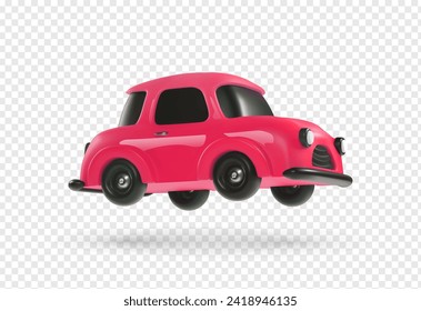 3d cartoon red toy cute car vector design element on transparent background. Kids vehicle. Baby transport mode