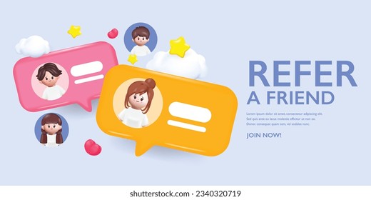 3d cartoon Refer a friend, Social media marketing for friends. Landing page template