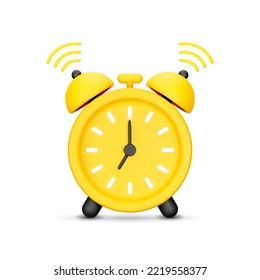 3D Cartoon Ringing Alarm Clock in Yellow Color Isolated on White Background. Concept of Morning, Time to Wake Up or Deadline. Time Management Icon for app. Vector Illustration of 3d Render