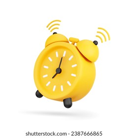 Reloj de alarma de timbre de caricatura 3D en color amarillo aislado en fondo blanco. Concepto de última venta o plazo para la campaña de marketing. Time is Up Icon for app. Ilustración vectorial de la representación 3D.