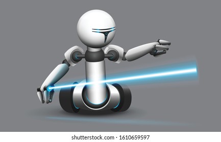 3d cartoon robot on wheels with light sword standing on gray floor. Vector illustration.