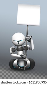 3D cartoon robot on wheels holding a blank pointer. Vector illustration.