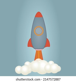 3d cartoon rocket icon.  3d render  rocket Toy rocket upswing ,spewing smoke. Startup, space, business concept.