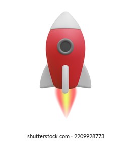 3D Cartoon rocket isolated on white background. 
Rocket Icon for Graphic Design Projects.
Space  launch, Rocket product cover, Startup creative idea, Vector illustration