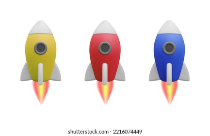 3D Cartoon rocket isolated on white background. 
Rocket Icon for Graphic Design Projects.
Space  launch, Rocket product cover, Startup creative idea, Vector illustration