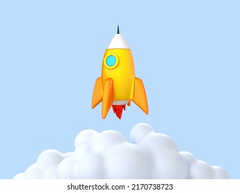 3D cartoon rocket launch on blue background. Business startup concept. Space shuttle for startup business concept. Vector 3d illustration