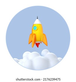 3D cartoon rocket launch on blue background. Business startup concept. Space shuttle for startup business concept. Vector 3d illustration