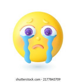 3d cartoon sad crying emoticon style icon. Upset yellow face expressing negative emotions flat vector illustration. Depression, feeling, sorrow, communication concept