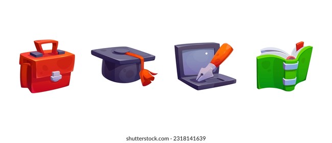 3d cartoon school education isometric icon set. Online learn with book and laptop vector concept for infographic or app design. Elearning illustration with stationery for student isolated illustration