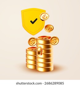 Escudo de seguridad de dibujos animados 3D y monedas de oro. Ahorro. Fiabilidad bancaria
