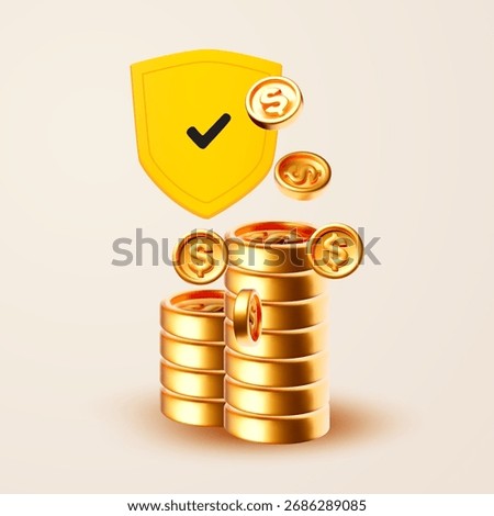 3D cartoon security shield and golden coins. Savings. Bank reliability