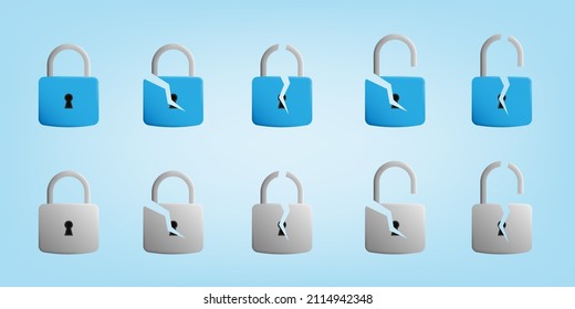 3D cartoon set collection of padlock which open, close, and broken in blue and grey color. Vector illustration