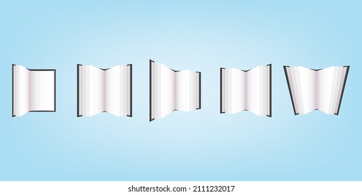 3D cartoon set collection wide open page of black book in different position angle. Vector illustration