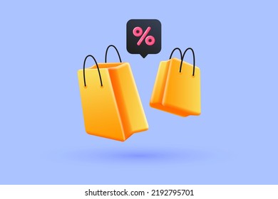 3d cartoon shopping bags floating with percent sign. Online shopping, sale promotion, discount concept. 3d vector illustration