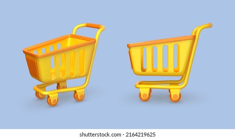 3D cartoon shopping carts isolated on blue background. Vector 3d illustration