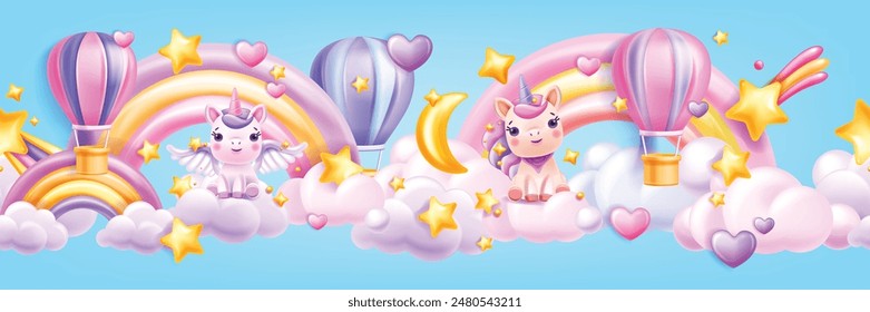 Borde sin fisuras del cielo de la historieta 3D, Anuncio del unicornio del bebé del Vector, arco iris del kawaii, nubes pastel, estrellas. Fondo de pantalla de la decoración del dormitorio de los niños, pony del cuento de hadas, póster mágico de los niños. Marco Horizontal del cielo 3D